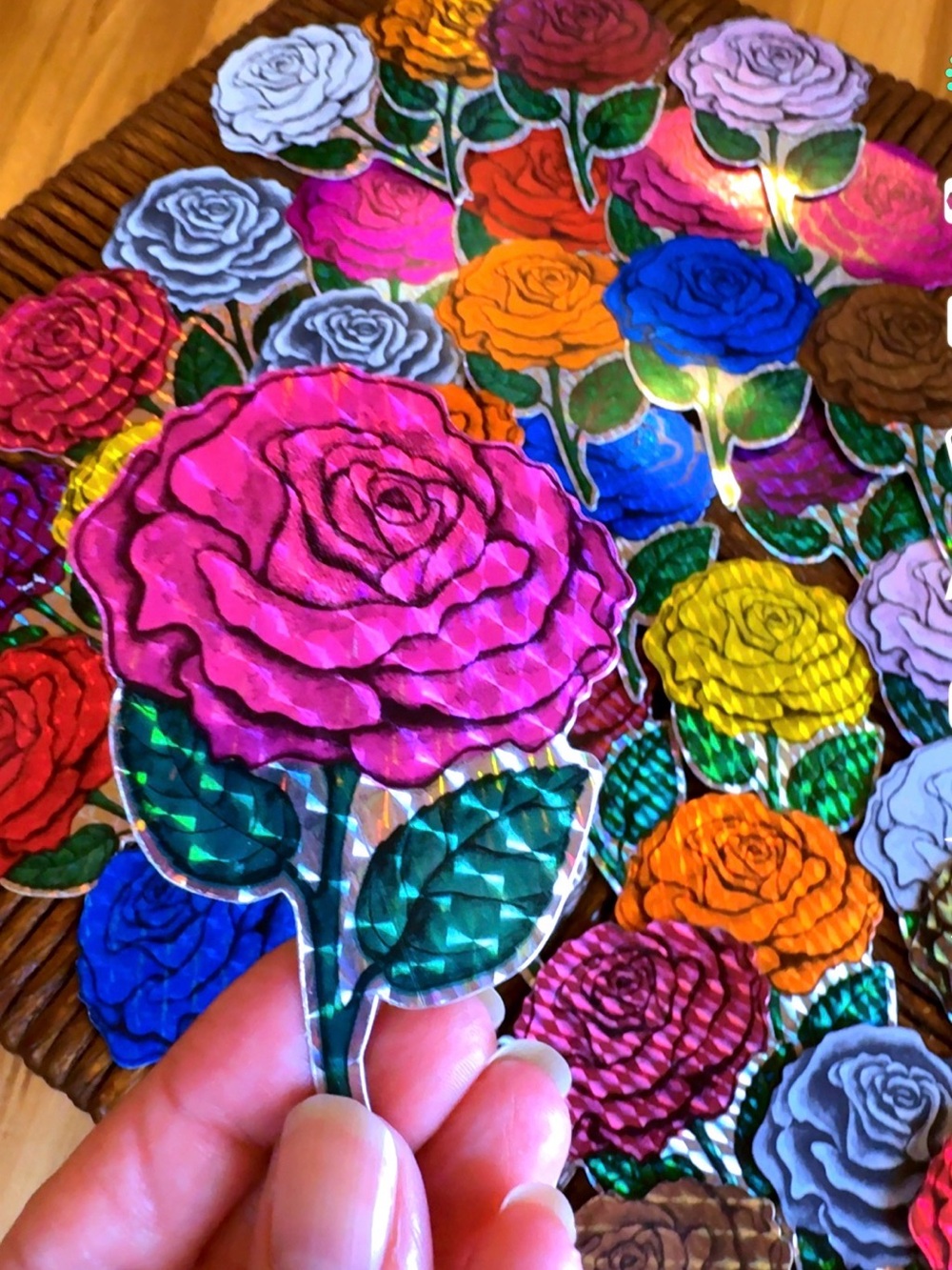 50 Holographic Rose Stickers | Waterproof Vinyl Floral Decals | Mixed Colors